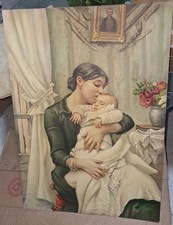 Dipinto Ad Olio Antico Mamma Col Figlio