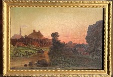 Ottocento Normandia paesaggio al tramonto in cornice