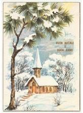 1970 cartolina vintage auguri di Buon Natale chiesa di montagna innevata