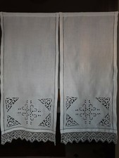 Antiche Tendine Tende in lino ricamati a mano cm 38x85 pizzo al tombolo.Perfette