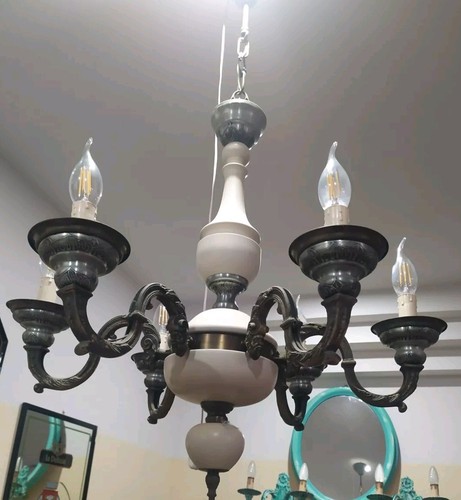 Lampadario legno ottone - lampadario,