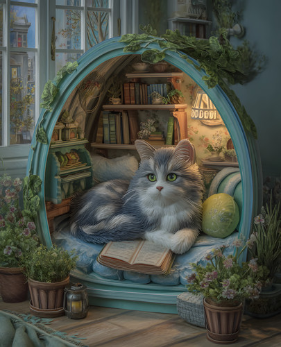 Soffice gatto grigio che legge