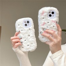 Diamond Case Winter Warm Furry Fur Cover for iPhone 15 Plus 14 Pro Max 11 12 13