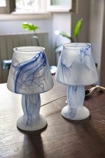 VISTOSI Two Vintage 80s Blue Marbled MURANO Glass FUNGO MUSHROOM Table Lamps