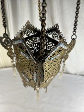 Antica LANTERNA A CANDELA DA APPENDERE IN OTTONE E ARTIGIANATO SMALTATO