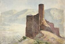 Paesaggio montano con le rovine di un castello di alta quota, acquerello, 1900 circa