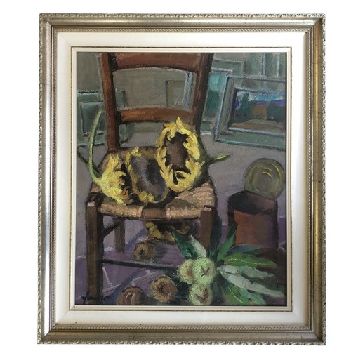 Olio tavola girasoli sulla - su,