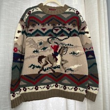 Raro maglione western cowboy vintage Arbor Way 100% lana Shetland lavorato a mano GRANDE