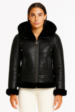 Giacca donna montone shearling vera pelle cappotto con cappuccio pelliccia nera invernale