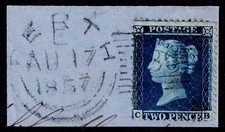1855 2d Blu SG 34 Pl 5 CB Maggiore RIENTRO Legato PERTH Pezzo VFU Cat. £112,50