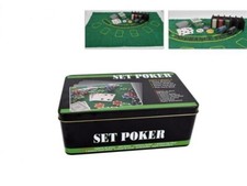Carte Poker in Scatola di Latta 200 Fiches con Tappeto da Gioco 2 Mazzi Carte