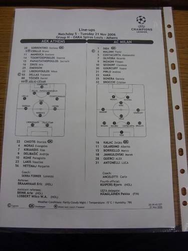 2006 teamsheet aek - teamsheet:,