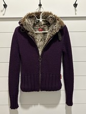 Giacca maglia vintage Miss Sixty Y2K full zip prugna S foderata pelliccia sintetica misto lana Italia