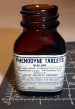 Vintage amber bottle w/ vintage original label added, Phenodyne Tablets, Bluline