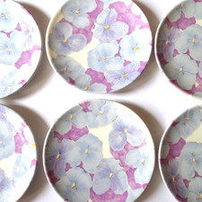 Ernestine Cannon, 8 piatti da dessert, Pansies Flower Decor, Salerno, Italia, anni '60