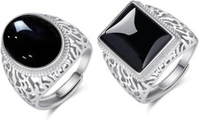 2 Pezzi Anello Acciaio Inossidabile Uomo Agata Nera Imitazione Intarsiata Anello