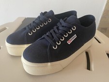 Scarpe Superga per donna in tessuto blu con zeppa alta