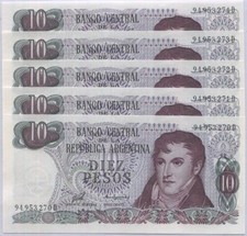 Argentina 10 Pesos ND 1976 P 300 UNC lotto 5 pezzi