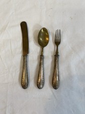 Set Posate Bambino Vintage in Ottone e Manico Cesellato – Coltello Cucchiaio For