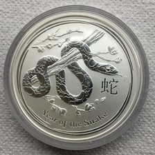 AUSTRALIA LUNAR SERPENTE SNAKE 2013 - 5 ONCE 999 - 5 OZ SILVER UNZE - 8 DOLLARS
