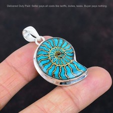 Ciondolo fossile turchese blu in ammonite argento sterling 925 gemma gioielli