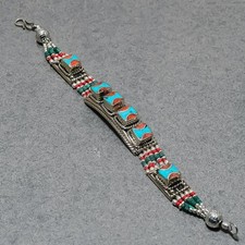 Bracciale Nepalese Gioielli Etnici Fatti a Mano Corallo Rosso Turchese Tibeta...