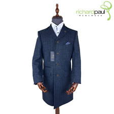 Navy Cappotto Lana Colletto di Velluto Quadretti Blu Lungo Caldo Inverno Gibson