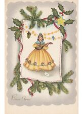 Non Viaggiata cartolina d'epoca Buon Anno bambina mandolino uccello stelle