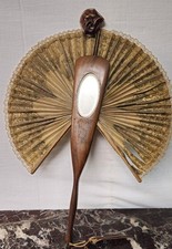 Antico ventaglio in legno d'ulivo- Carta decorata e specchio- Sorrento, anni '20