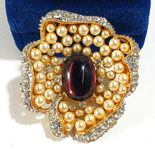 Kenneth Jay Lane KJL Spilla Esaltatore Perle Strass Trasparenti Viola Cabochon