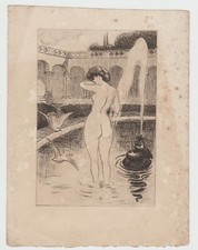 Acquaforte stampa antica vintage art deco erotica Gaston Smit 1920 donna nudo