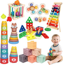 Montessori - Set Di Attività 7 in 1 Con Blocchi Impilabili, Massaggiagengive E C