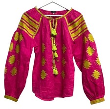 Camicetta Harna donna XS-S rosa giallo lino ricamato Ucraina boho nappa top