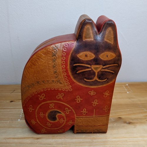 Cat money box tooled leather - box,