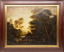 SCUOLA INGLESE XIX SECOLO Antico Quadro Dipinto Olio su Tela Paesaggio Cornice