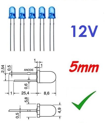 5pz diodo led 12v 5mm - 5mm, blu