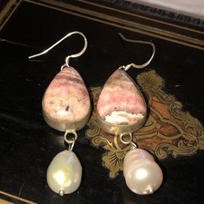 Orecchini  argento pendenti Rodocrosite Rosa  e perle australiane