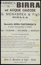 PUBBLICITA' 1925 MENABREA FABBRICA DI BIRRA BIELLA ACQUE GAZOSA PILSENER MONACO