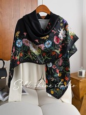 Sciarpa scialle lusso stile vintage 30% seta 70% lana - colorata floreale nero 53"