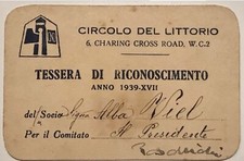 LONDRA GRAN BRETAGNA CERCHIO DEL PNF OND TESSERA 1939 A.XIX° CHARING CROSS ROAD