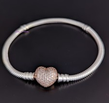 Bracciali catena cuore pavè oro rosa 925 + PANDORA 586292CZ nuovi 100% originali