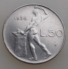 REPUBBLICA ITALIANA 50 LIRE VULCANO  1958 NC, ACMONITAL 6,30 GRAMMI