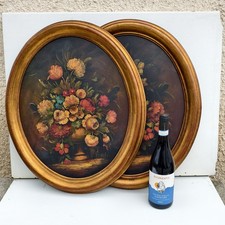 COPPIA DIPINTO OVALE - OLIO SU BOrdo - FIORI - NATURA MORTA - FIRMA 