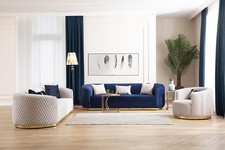 Divano tre posti poltrona arredo acciaio inox seduta tessuto blu 3+3+1