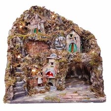 Presepe napoletano artigianale con cascata luci forno e mulino 47x40x47 cm
