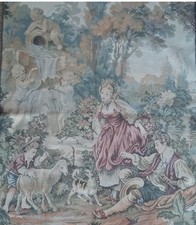 Arazzo Antico Primi 900 Lino Cottone GRANDE cm.140 Scena Bucolica Coppia Bambino