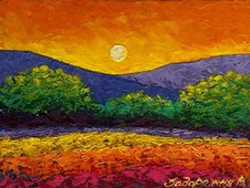 Dipinto olio vento caldo della sera V. Zadorozhnya senza cornice originale nAAA4577