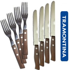 SET 24pz FORCHETTE + COLTELLI MANICO LEGNO TRAMONTINA PUNTA CURVA SEGHETTATI