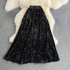 Lucido Donna Paillettes Gonna Midi Elastico Vita Alta a-Line Festa Abito Moda