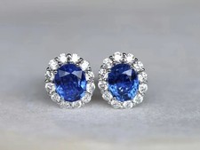 Orecchino borchia diamante zaffiro blu naturale taglio ovale 4,80 ct vero oro bianco 14 carati